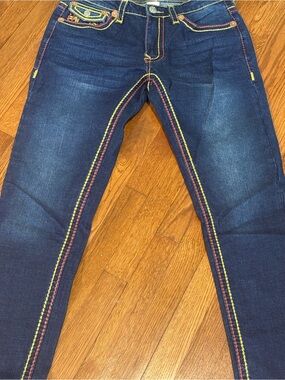 True Religion Dark Indigo Jeans with Yellow and Pink Stitching